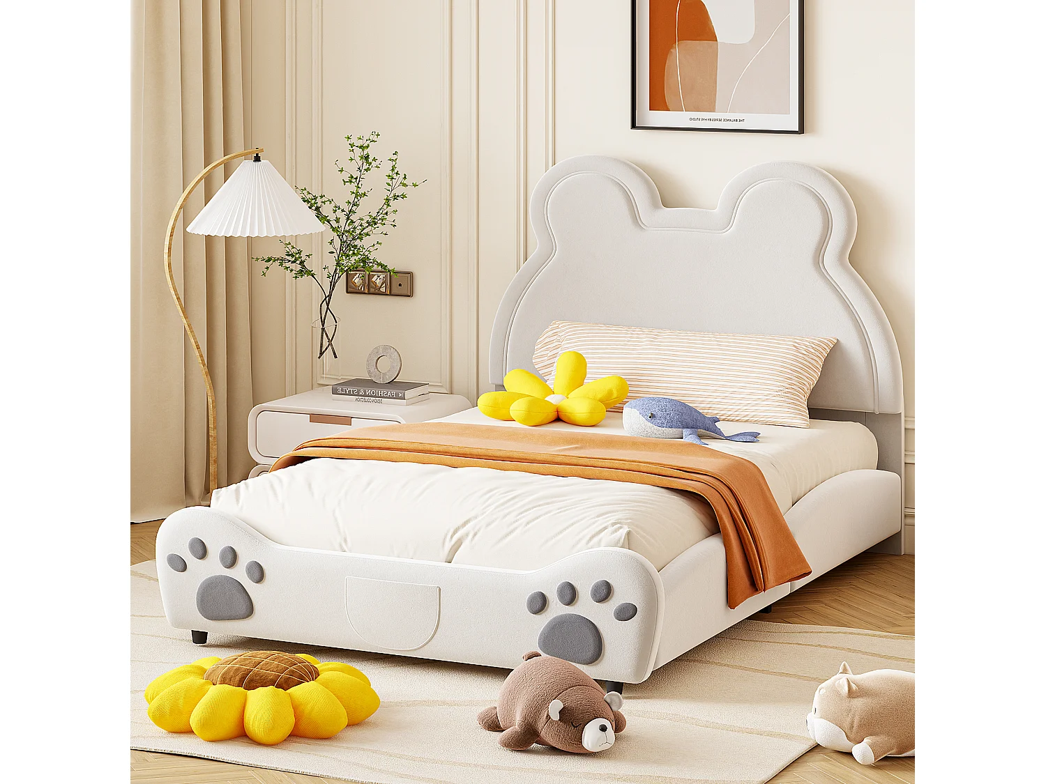 Bed 140x200 cm - wit fluweel - kinderbed met berenmotief hoofdbord en lattenbodem - zonder matras
