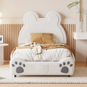 Bed 90×200 cm – wit fluweel – kinderbed met berenmotief hoofdbord en lattenbodem – zonder matras