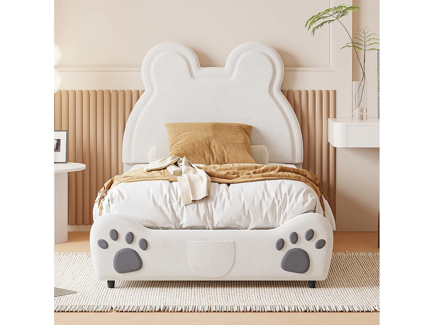 Bed 90x200 cm - wit fluweel - kinderbed met berenmotief hoofdbord en lattenbodem - zonder matras