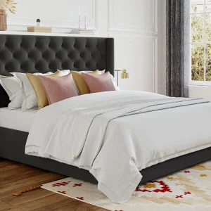 Bed met hoofdeinde met capitons 180 x 200 cm stof grijs + matras – MASSIMO Bed met hoofdeinde met capitons 180 x 200 cm stof grijs + matras – MASSIMO
