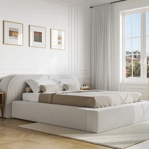 Bed met opbergruimte 180 x 200 cm in crèmekleurig ribfluweel + matras – LIRABA van Maison Céphy Bed met opbergruimte 180 x 200 cm in crèmekleurig ribfluweel + matras – LIRABA van Maison Céphy