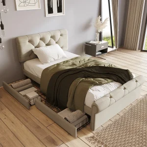 Bed 90 x 200 cm met hoofdeinde + 2 lades – linnen stof – natuurlijke kleur – Chesterfield Bed 90 x 200 cm met hoofdeinde + 2 lades – linnen stof – natuurlijke kleur – Chesterfield