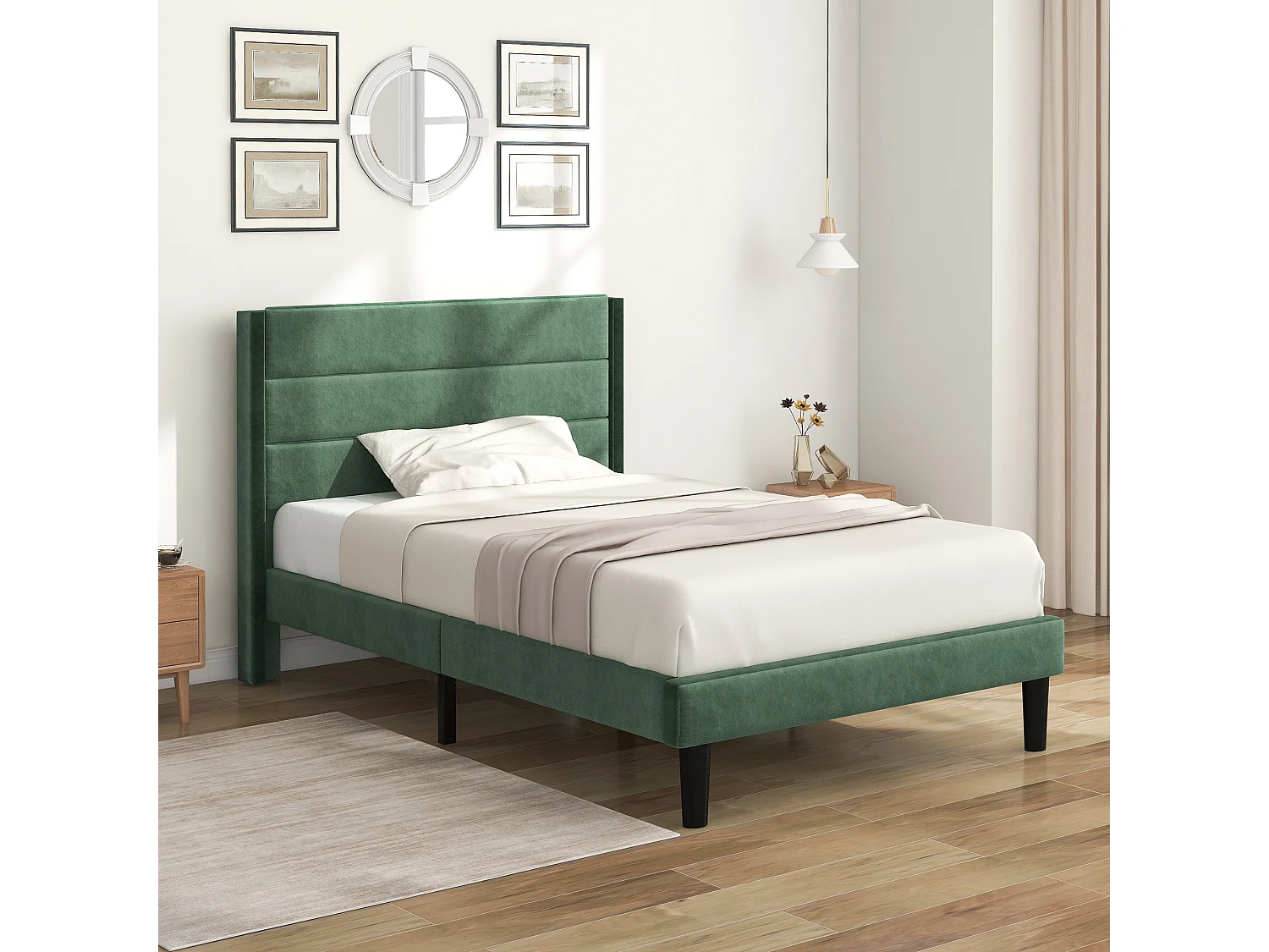 Bed 90x200 cm - groen fluweel - eenpersoonsbed met lattenbodem en hoofdbord - matras niet inbegrepen