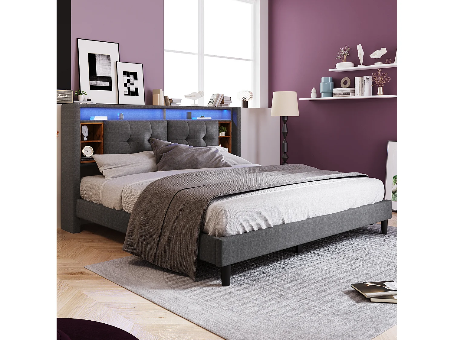 Bed 160x200 cm - Grijs linnen - Gestoffeerd bed met USB-oplader en ledverlichting - Houten lattenbodem - Zonder matras