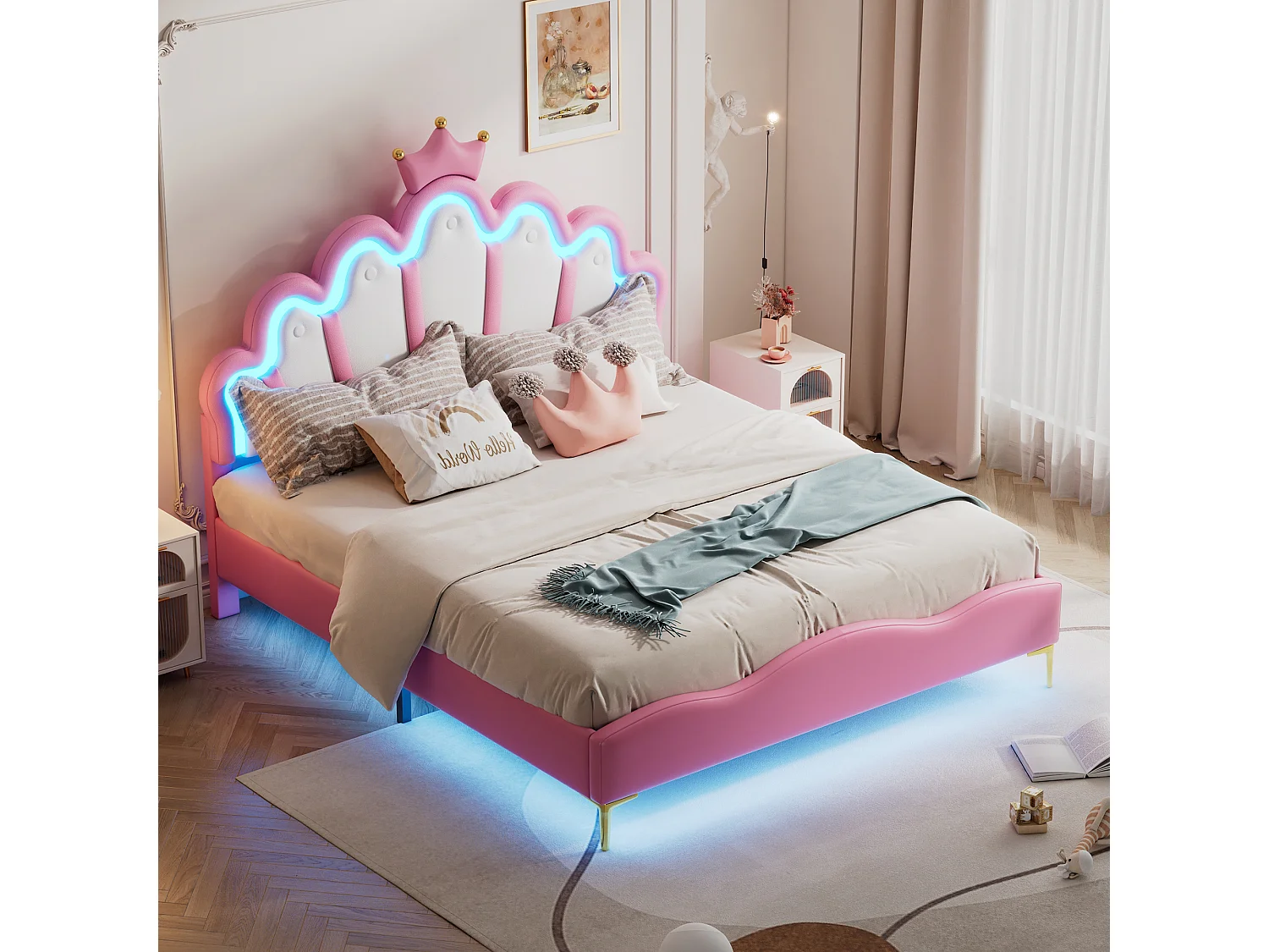 Bed 140x200 cm - roze PU - kinderbed met ledverlichting - lattenbodem - zonder matras