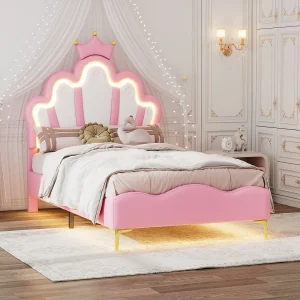 Bed 90×200 cm – roze PU – tienerbed met ledverlichting – lattenbodem – zonder matras
