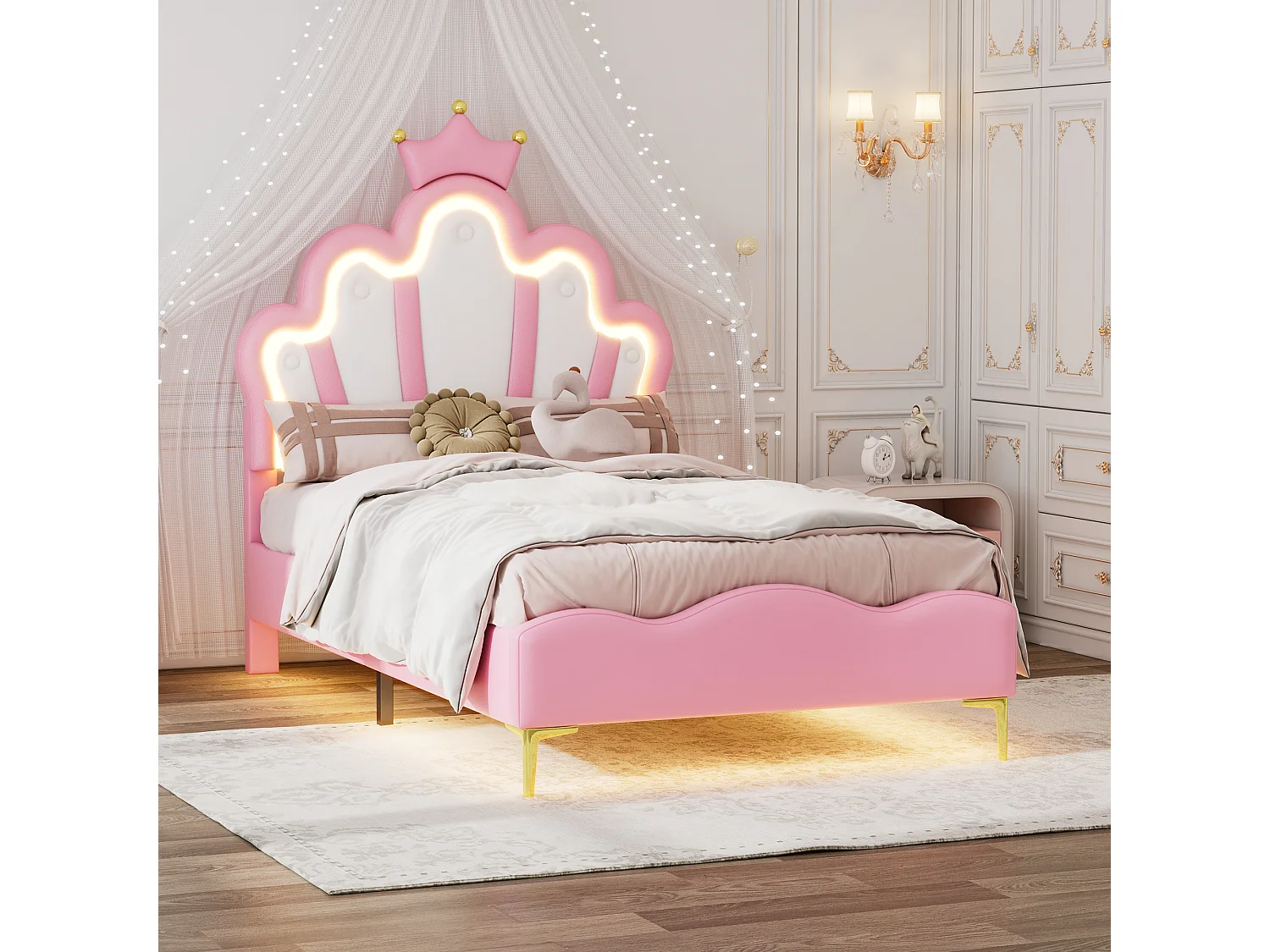 Bed 90x200 cm - roze PU - tienerbed met ledverlichting - lattenbodem - zonder matras