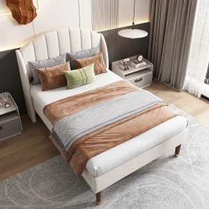 Bed 90×200 cm – beige fluweel – eenpersoonsbed met lattenbodem en gewatteerd hoofdbord – zonder matras Bed 90×200 cm – beige fluweel – eenpersoonsbed met lattenbodem en gewatteerd hoofdbord – zonder matras