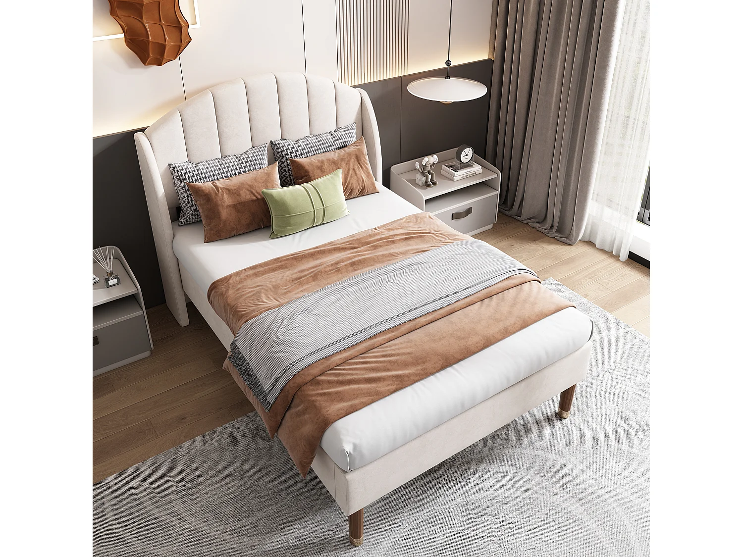 Bed 90x200 cm - beige fluweel - eenpersoonsbed met lattenbodem en gewatteerd hoofdbord - zonder matras
