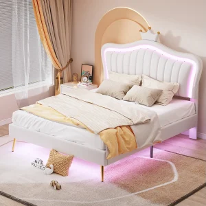 Bed 140×200 cm – wit PU – gestoffeerd bed met lattenbodem en rugleuning – LED-verlichting – zonder matras Bed 140×200 cm – wit PU – gestoffeerd bed met lattenbodem en rugleuning – LED-verlichting – zonder matras