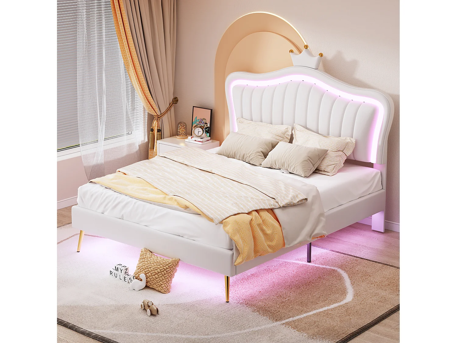 Bed 140x200 cm - wit PU - gestoffeerd bed met lattenbodem en rugleuning - LED-verlichting - zonder matras