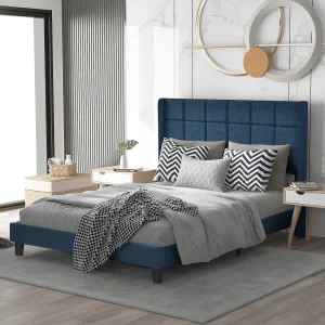 Bed 140×200 cm – blauw linnen – volwassen bed met gestoffeerd hoofdbord en lattenbodem – zonder matras Bed 140×200 cm – blauw linnen – volwassen bed met gestoffeerd hoofdbord en lattenbodem – zonder matras