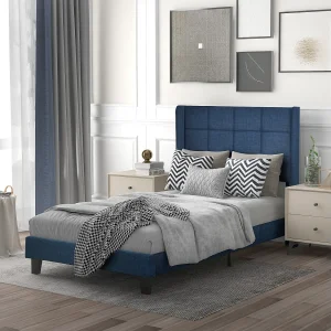 Bed 90×200 cm – blauw linnen – kinderbed met gestoffeerd hoofdbord en lattenbodem – zonder matras Bed 90×200 cm – blauw linnen – kinderbed met gestoffeerd hoofdbord en lattenbodem – zonder matras
