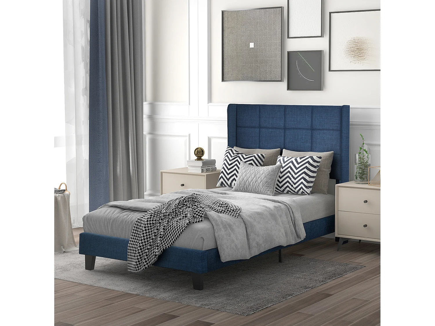 Bed 90x200 cm - blauw linnen - kinderbed met gestoffeerd hoofdbord en lattenbodem - zonder matras