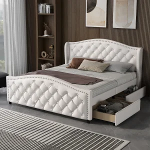 Bed 140×200 cm – wit PU – met 2 lades en geklonken hoofdbord – zonder matras Bed 140×200 cm – wit PU – met 2 lades en geklonken hoofdbord – zonder matras