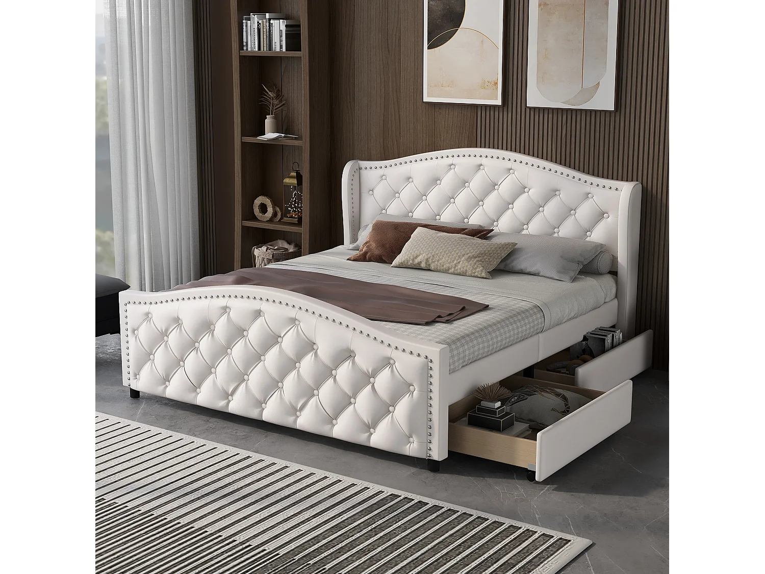 Bed 140x200 cm - wit PU - met 2 lades en geklonken hoofdbord - zonder matras
