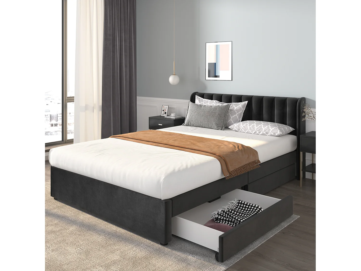 Bed 140x200 cm - zwart fluweel - volwassen bed met lattenbodem en 2 lades - zonder matras