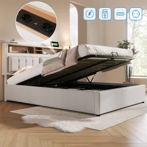 Bed met opbergruimte 160 x 200 cm – Beige linnen – Volwassenbed met stopcontacten en USB-aansluitingen – Verstelbaar hoofdeinde – Zonder matras