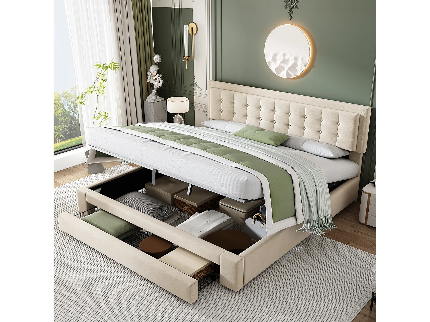 Bed met opbergruimte 180x200 cm - beige fluweel - tweepersoonsbed met lades en verstelbaar hoofdeinde - zonder matras
