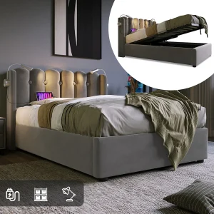Bed met opbergruimte 90×200 cm – Grijs fluweel – Kinderbed met leeslampje en oplaadaansluiting – zonder matras Bed met opbergruimte 90×200 cm – Grijs fluweel – Kinderbed met leeslampje en oplaadaansluiting – zonder matras