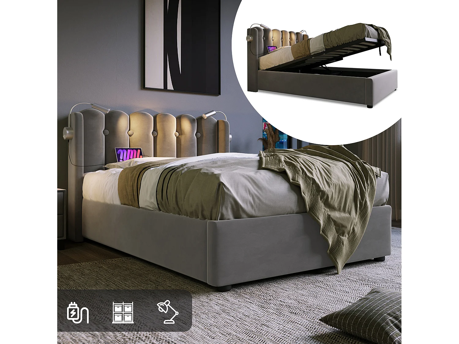 Bed met opbergruimte 90x200 cm - Grijs fluweel - Kinderbed met leeslampje en oplaadaansluiting - zonder matras