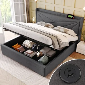 Bed met opbergruimte 180×200 cm – grijs linnen – tweepersoonsbed met USB-aansluiting – lattenbodem – zonder matras Bed met opbergruimte 180×200 cm – grijs linnen – tweepersoonsbed met USB-aansluiting – lattenbodem – zonder matras