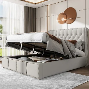 Bed met opbergruimte 140×200 cm – grijs linnen – tienerbed met gestoffeerd hoofdbord en lattenbodem – zonder matras