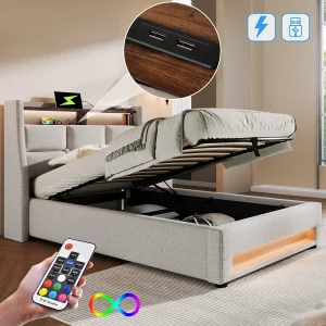 Bed met opbergruimte 90 x 200 cm – Beige linnen – Kinderbed met USB-aansluiting en ledverlichting – Metalen frame – Zonder matras Bed met opbergruimte 90 x 200 cm – Beige linnen – Kinderbed met USB-aansluiting en ledverlichting – Metalen frame – Zonder matras