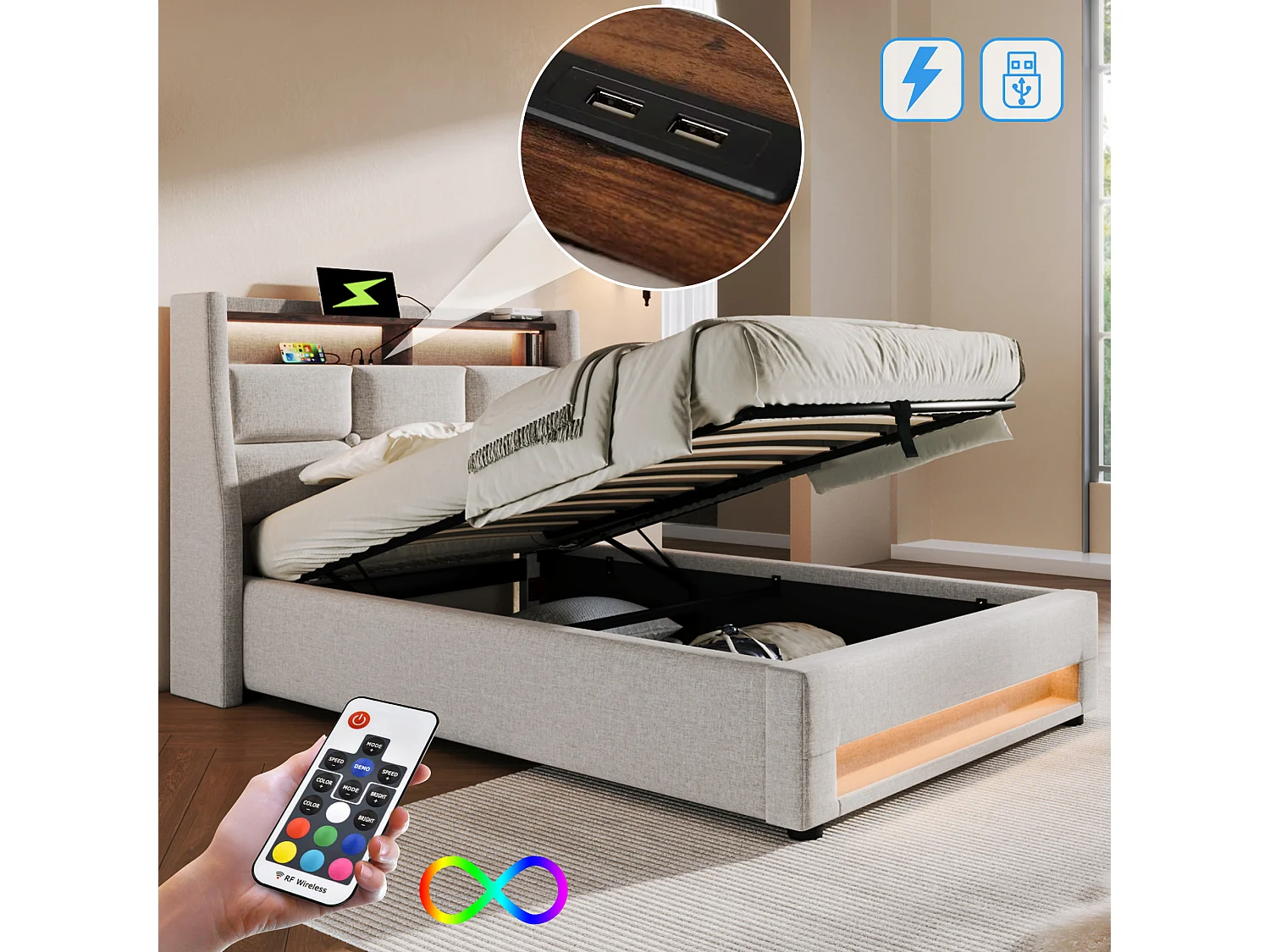 Bed met opbergruimte 90 x 200 cm - Beige linnen - Kinderbed met USB-aansluiting en ledverlichting - Metalen frame - Zonder matras