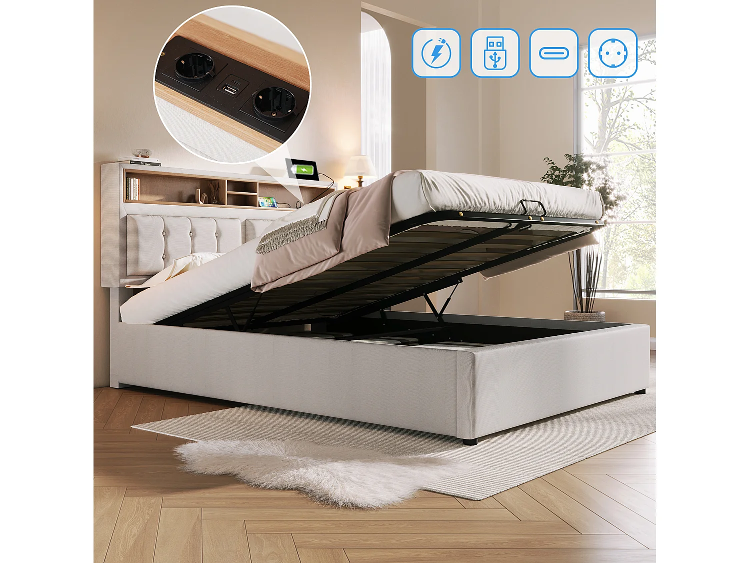 Bed met opbergruimte 140 x 200 cm - Beige linnen - Tienerbed met stopcontacten en USB-aansluitingen - Verstelbaar hoofdeinde - Zonder matras
