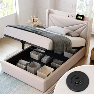 Bed met opbergruimte 90×200 cm – beige linnen – tienerbed met USB-aansluiting – lattenbodem – zonder matras Bed met opbergruimte 90×200 cm – beige linnen – tienerbed met USB-aansluiting – lattenbodem – zonder matras
