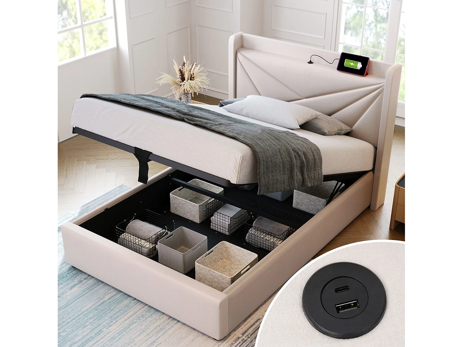 Bed met opbergruimte 90x200 cm - beige linnen - tienerbed met USB-aansluiting - lattenbodem - zonder matras