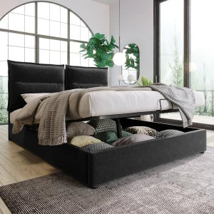 Bed met opbergruimte 140×200 cm – Zwart fluweel – Volwassen bed met verstelbaar hoofdeinde en metalen frame – Zonder matras Bed met opbergruimte 140×200 cm – Zwart fluweel – Volwassen bed met verstelbaar hoofdeinde en metalen frame – Zonder matras