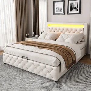 Bed met opbergruimte 160 x 200 cm – wit PU – met ledverlichting – lattenbodem – zonder matras