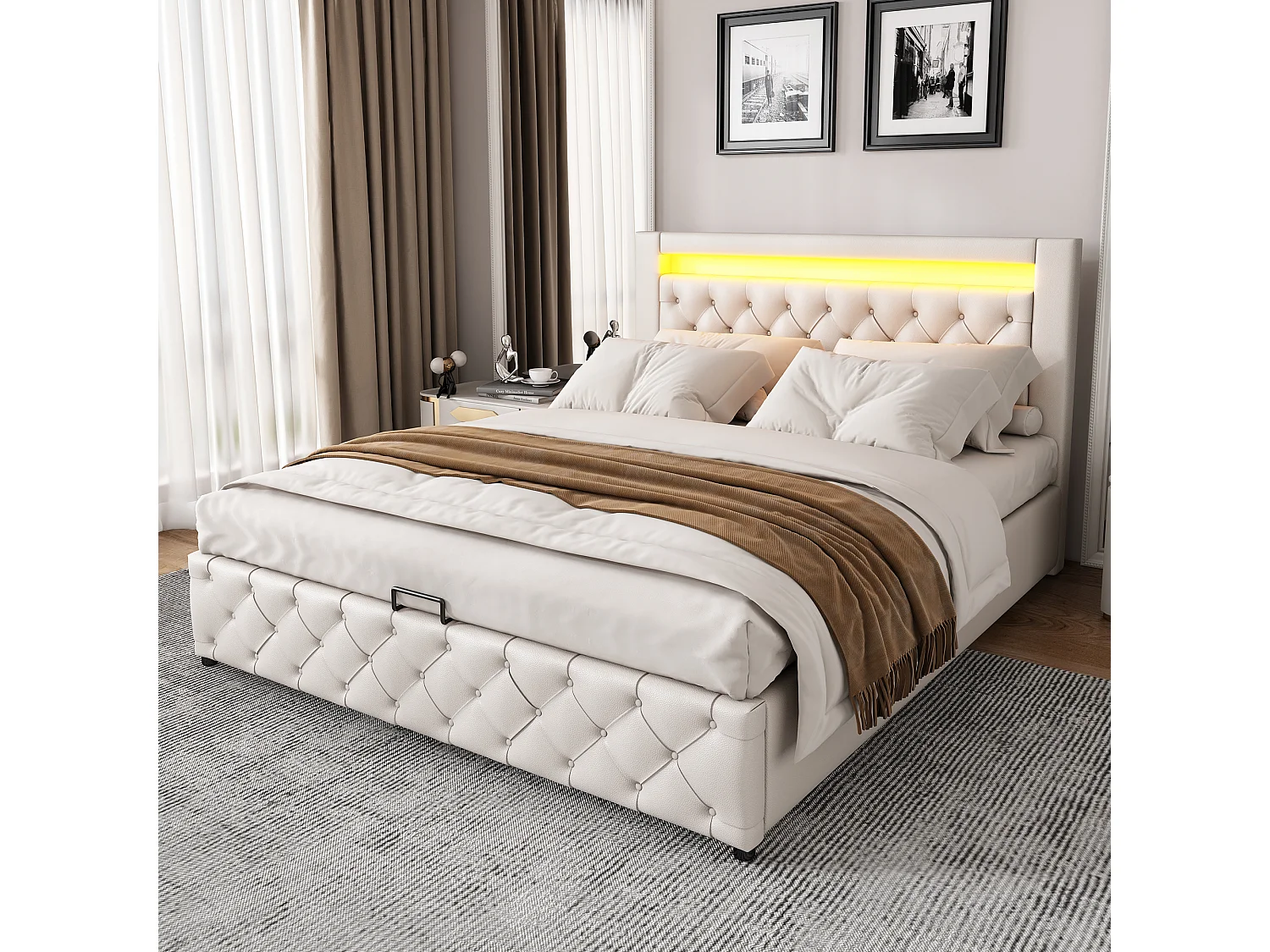 Bed met opbergruimte 160 x 200 cm - wit PU - met ledverlichting - lattenbodem - zonder matras