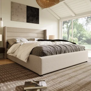 Bed met opbergruimte 140×200 cm – Beige linnen – Bed met gestoffeerd hoofdbord en lattenbodem – Zonder matras Bed met opbergruimte 140×200 cm – Beige linnen – Bed met gestoffeerd hoofdbord en lattenbodem – Zonder matras