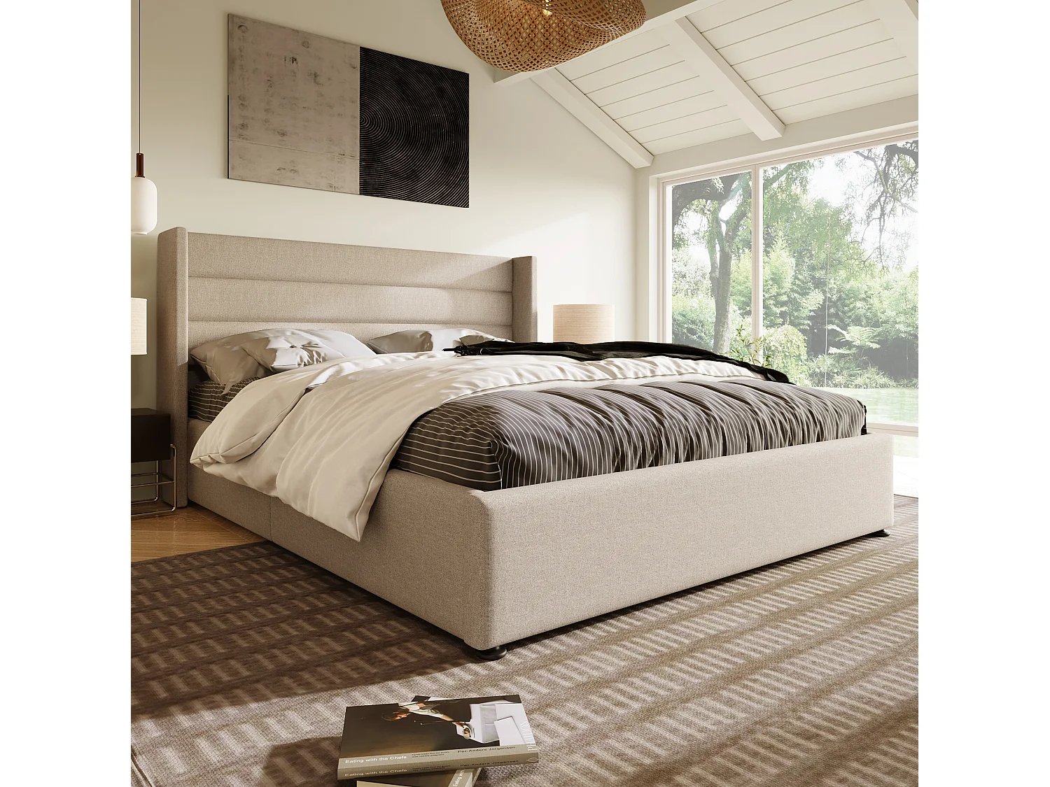 Bed met opbergruimte 140x200 cm - Beige linnen - Bed met gestoffeerd hoofdbord en lattenbodem - Zonder matras