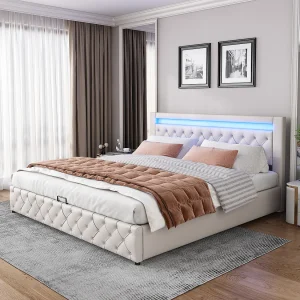 Bed met opbergruimte 180 x 200 cm – wit PU – met verstelbare ledverlichting – lattenbodem – zonder matras Bed met opbergruimte 180 x 200 cm – wit PU – met verstelbare ledverlichting – lattenbodem – zonder matras