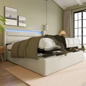 Bed met opbergruimte 160 x 200 cm – Wit PU – Bed met verstelbare ledverlichting – Lattenbodem – Zonder matras