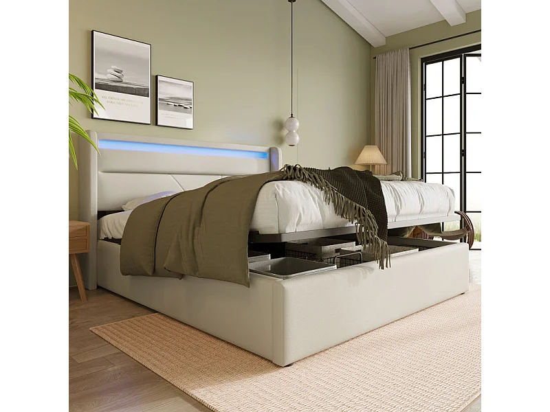 Bed met opbergruimte 160 x 200 cm - Wit PU - Bed met verstelbare ledverlichting - Lattenbodem - Zonder matras