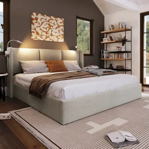 Bed met opbergruimte 160×200 cm – beige linnen – tweepersoonsbed met leeslampje en USB-oplader – matras niet inbegrepen Bed met opbergruimte 160×200 cm – beige linnen – tweepersoonsbed met leeslampje en USB-oplader – matras niet inbegrepen