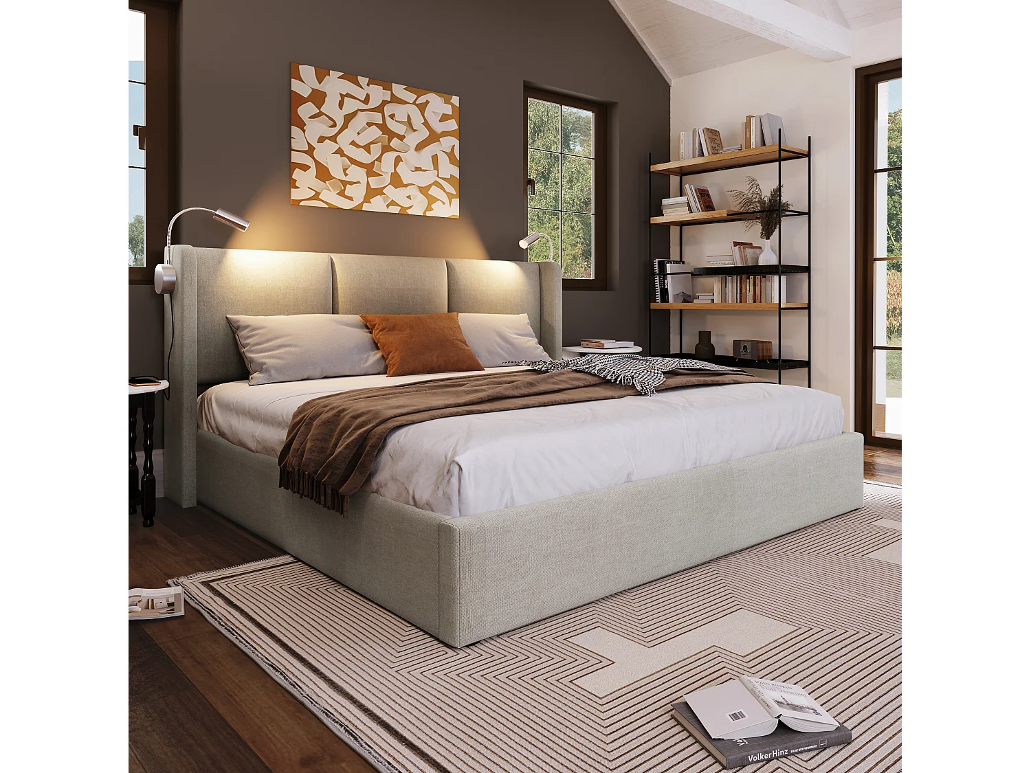 Bed met opbergruimte 160x200 cm - beige linnen - tweepersoonsbed met leeslampje en USB-oplader - matras niet inbegrepen