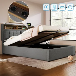 Bed met opbergruimte 160 x 200 cm – Grijs linnen – Volwassenbed met stopcontacten en USB-aansluitingen – Verstelbaar hoofdeinde – Zonder matras