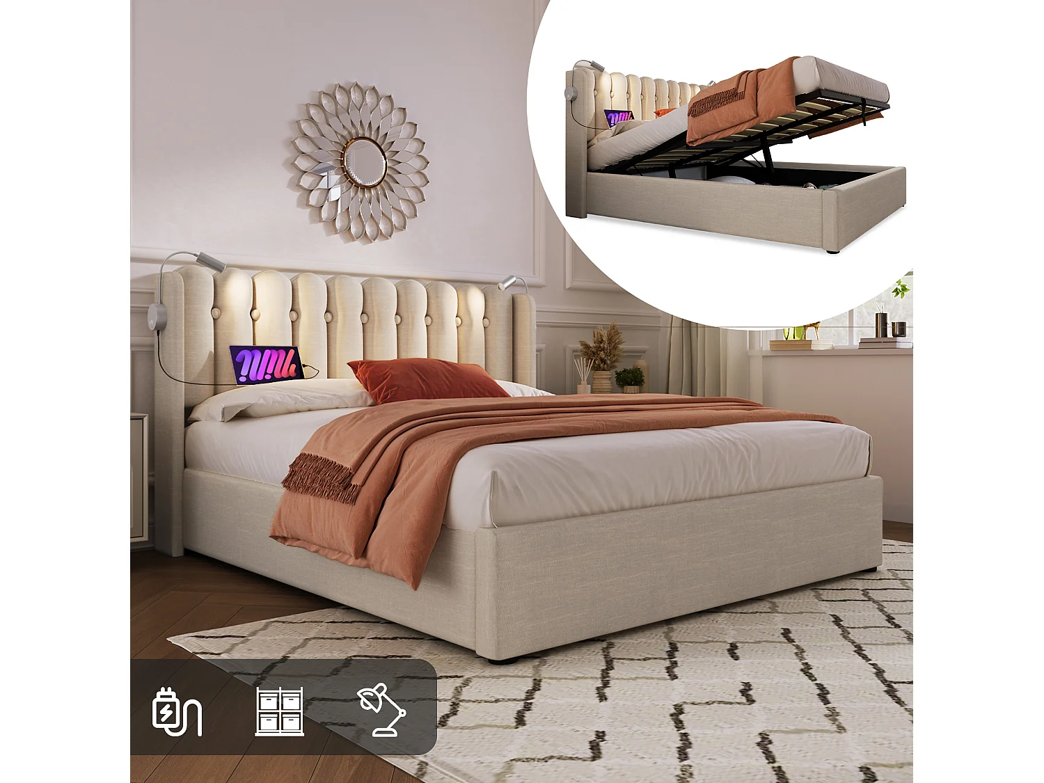 Bed met opbergruimte 160x200 cm - Natuurlijk linnen - Volwassenbed met leeslampje en oplaadfunctie - zonder matras