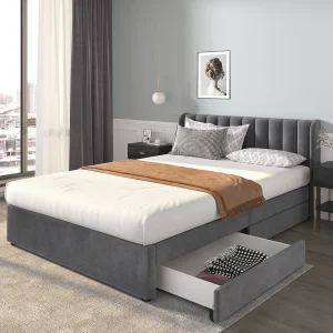 Bed 160×200 cm – grijs fluweel – gestoffeerd bed met 2 lades en lattenbodem – zonder matras Bed 160×200 cm – grijs fluweel – gestoffeerd bed met 2 lades en lattenbodem – zonder matras