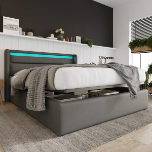 Bed met opbergruimte 160 x 200 cm – Grijs PU – Bed met verstelbare ledverlichting – Lattenbodem – Zonder matras