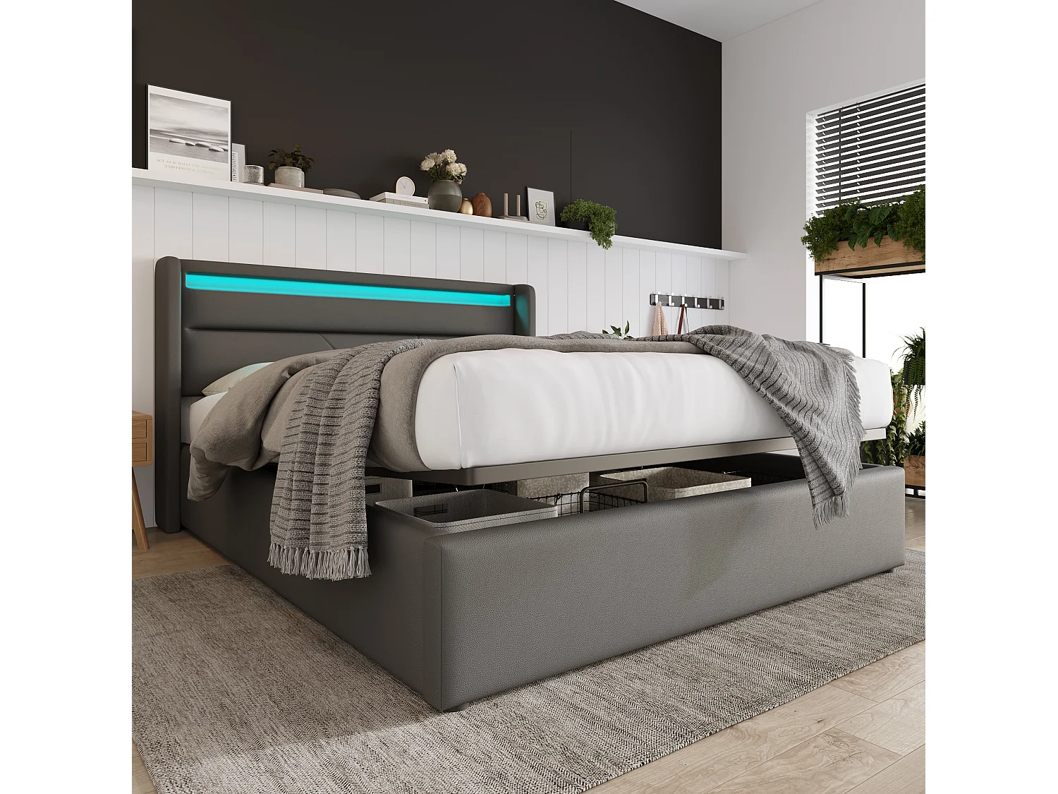 Bed met opbergruimte 160 x 200 cm - Grijs PU - Bed met verstelbare ledverlichting - Lattenbodem - Zonder matras