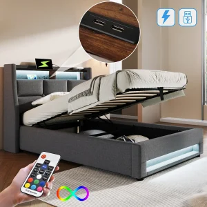 Bed met opbergruimte 90 x 200 cm – Grijs linnen – Kinderbed met USB-aansluiting en ledverlichting – Metalen frame – Zonder matras Bed met opbergruimte 90 x 200 cm – Grijs linnen – Kinderbed met USB-aansluiting en ledverlichting – Metalen frame – Zonder matras