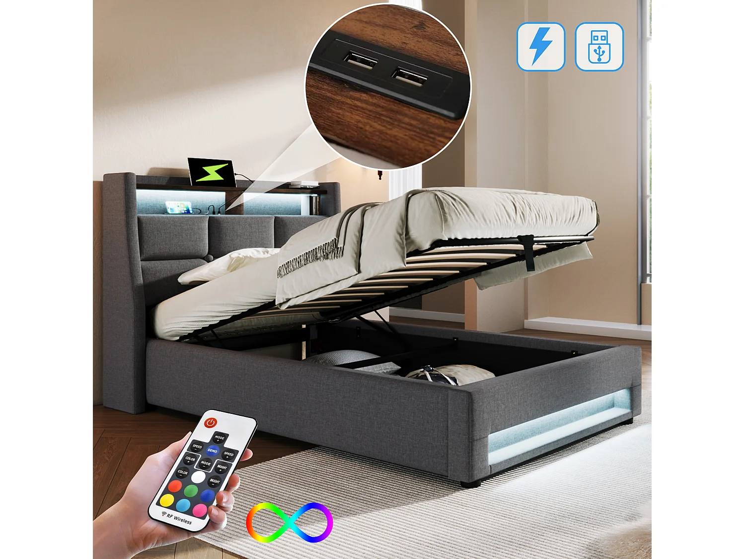 Bed met opbergruimte 90 x 200 cm - Grijs linnen - Kinderbed met USB-aansluiting en ledverlichting - Metalen frame - Zonder matras