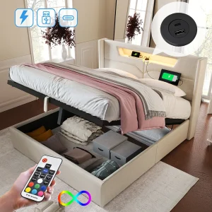 Bed met opbergruimte 160×200 cm – beige linnen – volwassen bed met USB-oplaadfunctie en ledverlichting – zonder matras Bed met opbergruimte 160×200 cm – beige linnen – volwassen bed met USB-oplaadfunctie en ledverlichting – zonder matras